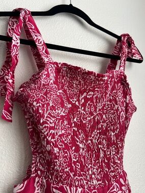 🩷🤍EUC Pink and White Smocked Tie-Strap Sundress🤍🩷